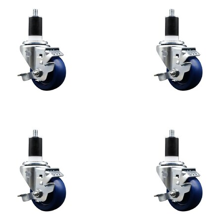 Service Caster 3'' Solid Poly Swivel 1-1/2'' Expanding Stem Caster Set with Brake, 4PK SCC-EX20S314-SPUS-TLB-112-4